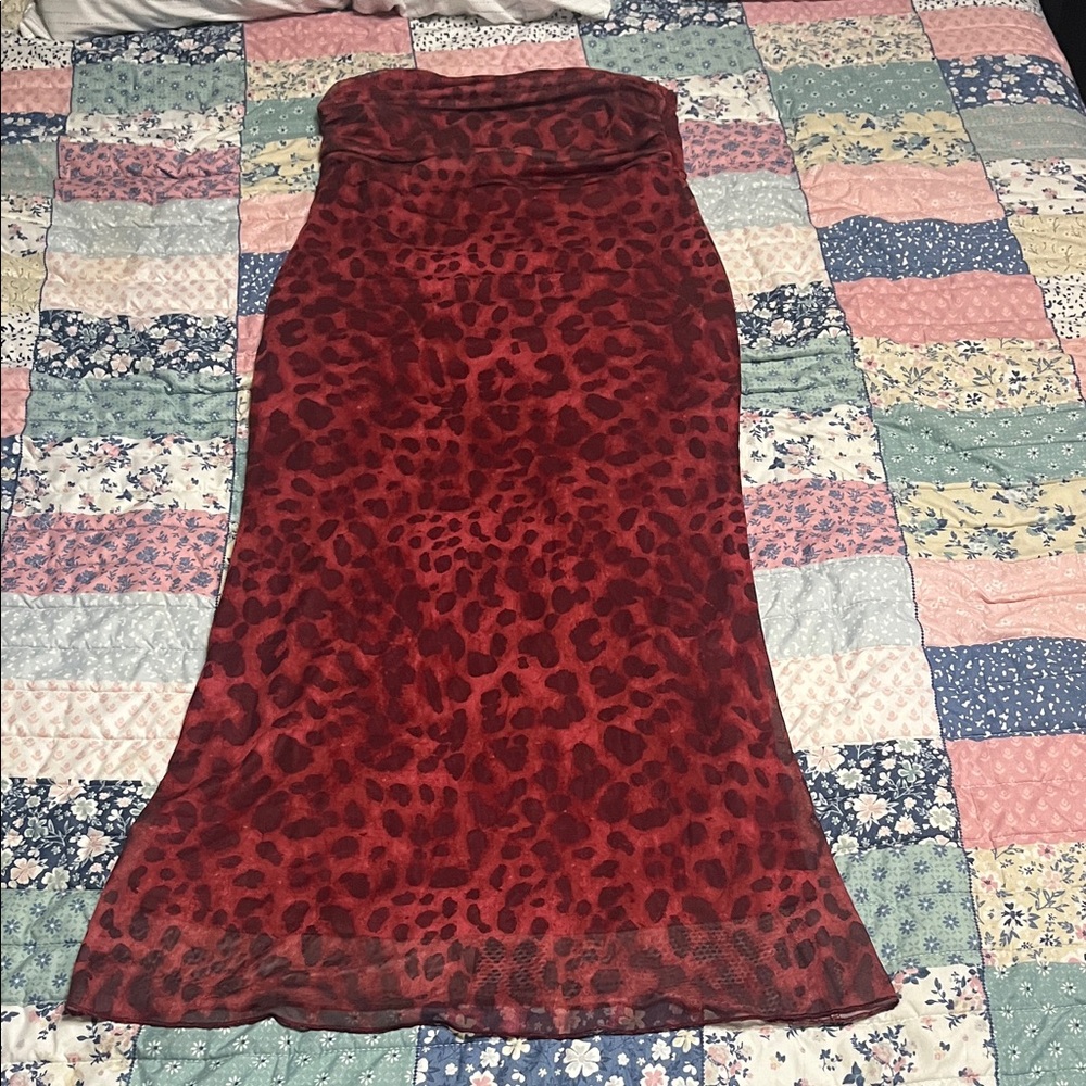 Red Animal Print Midi Skirt